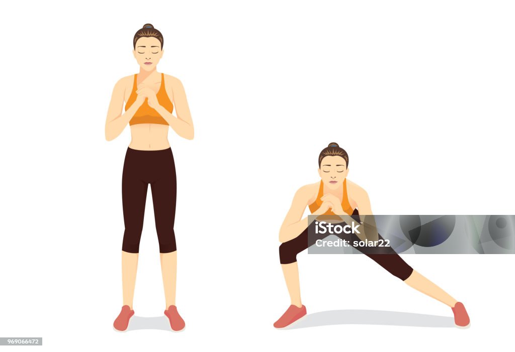 Illustrated exercise guide by healthy woman doing Side Lunges Workout in 2 steps. llustrated exercise guide by healthy woman doing Side Lunges Workout in 2 steps for firming buttocks and legs. Lunge stock vector