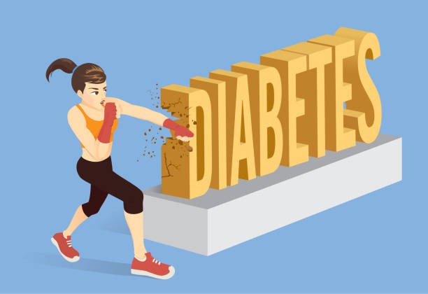 ilustrações de stock, clip art, desenhos animados e ícones de healthy woman breaking the word diabetes with punching. - boxing combative sport defending protection