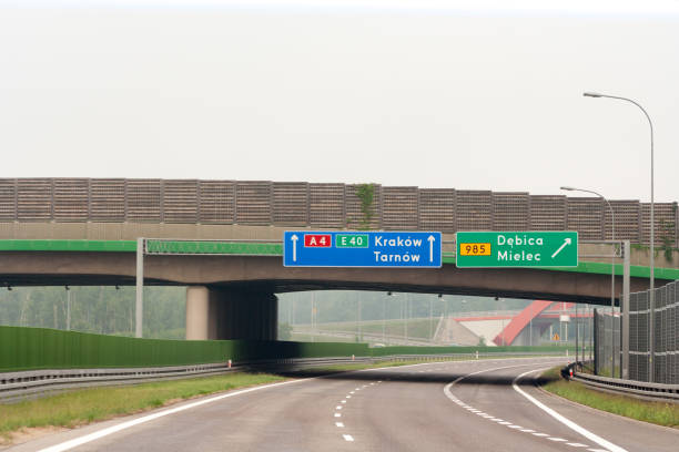 empty highway, bridge and road signs with city names: krakow, tarnow, debica, mielec - europe bridge editorial eastern europe imagens e fotografias de stock