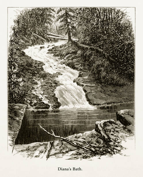 Diana’s Bath, Delaware River Water Gap, Pennsylvania, United States, American Victorian Engraving, 1872 Very Rare, Beautifully Illustrated Antique Engraving of Diana’s Bath, Delaware River Water Gap, Pennsylvania, United States, American Victorian Engraving, 1872. Source: Original edition from my own archives. Copyright has expired on this artwork. Digitally restored. paradise pennsylvania stock illustrations