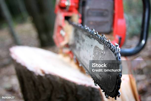 Foto de Closeup De Um Tronco Em Um Serra De Cadeia e mais fotos de stock de Serra de Cadeia - Serra de Cadeia, Corrente de Serra de Cadeia, Lâmina