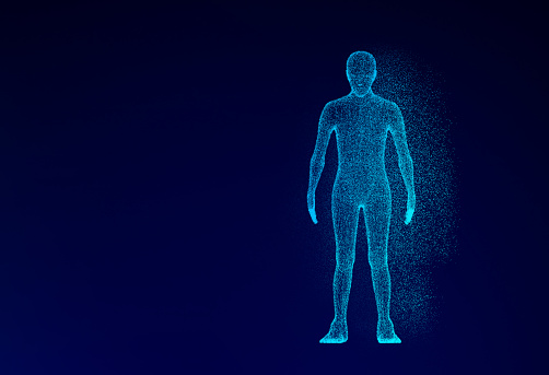 Modelo humano sobre fondo azul en el concepto de tecnología, inteligencia artificial. Ilustración 3D photo