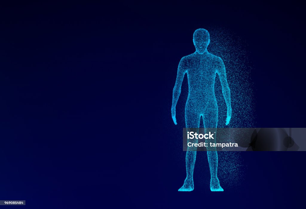 Modelo humano sobre fondo azul en el concepto de tecnología, inteligencia artificial. Ilustración 3D - Foto de stock de Cuerpo humano libre de derechos