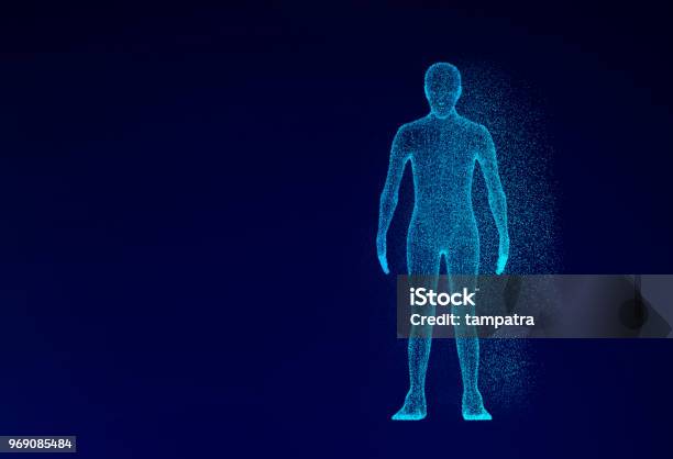 人工知能技術コンセプトに青色の背景における人体モデル3 D イラストレーション - 人体のストックフォトや画像を多数ご用意 - 人体, 人物, ホログラム