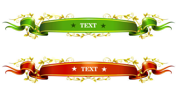 istock Red and green ribbons with gold branch. Field for text. 969086542