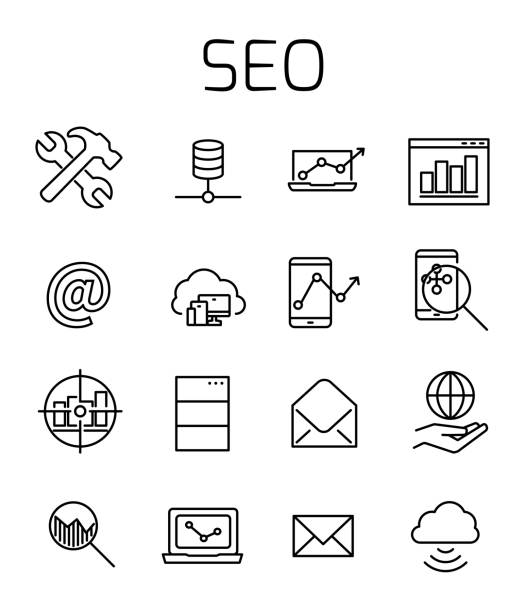 ilustrações, clipart, desenhos animados e ícones de seo relacionados icon set vector. - mobile internet