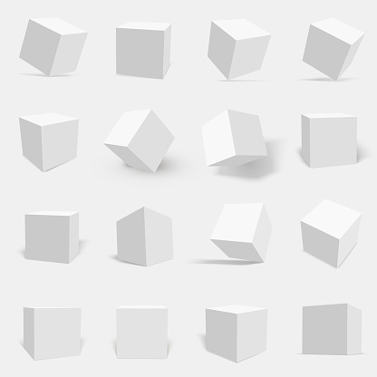 3d white cube set. Three dimensional solid object with six square surfaces, geometric poster. Vector flat style illustration