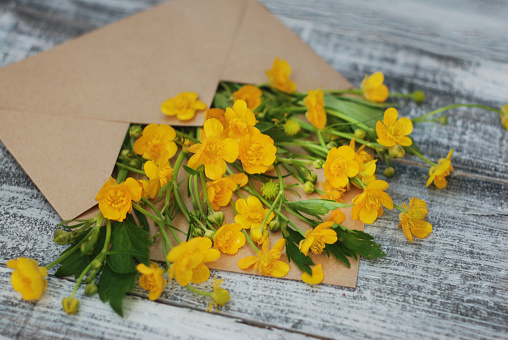 Yellow Little Flowers in Envelope Rustic Wooden Background