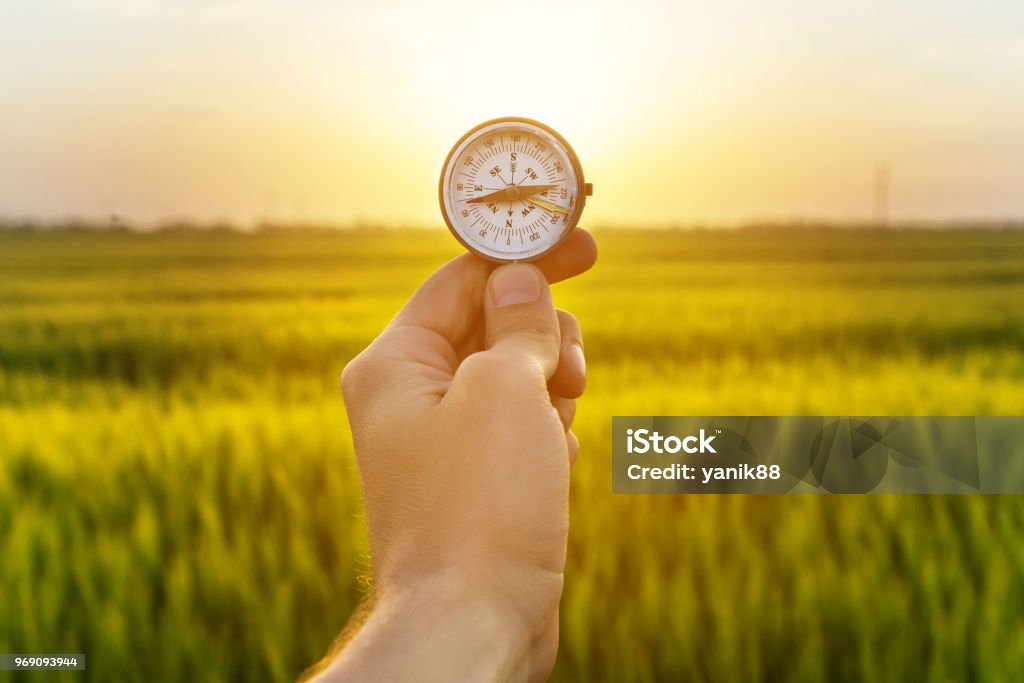 hand holding compass and rice field sunset hand holding compass and rice field sunset. Navigational Compass Stock Photo