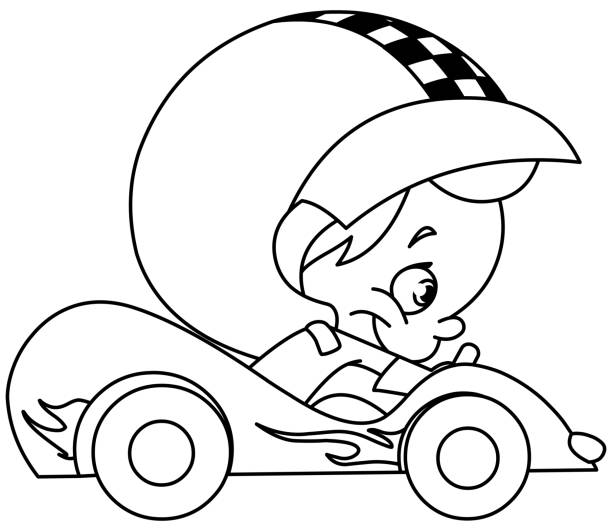 ilustrações, clipart, desenhos animados e ícones de delineou o piloto do carro de criança - racecar color image illustration technique speed
