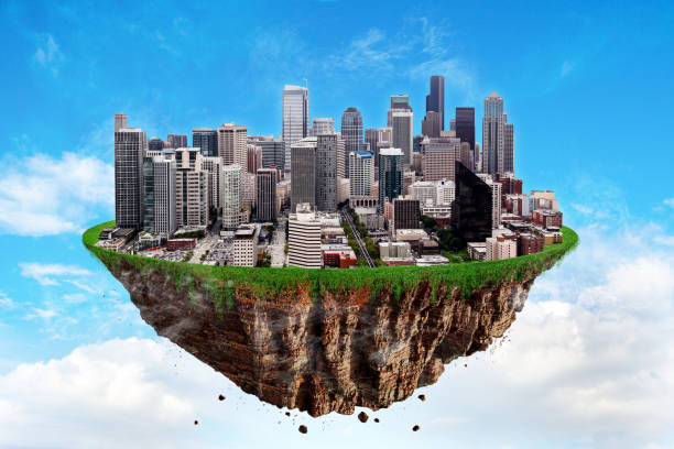 istock Fantasy Floating Island of Seattle on a Blue Sky 969096932