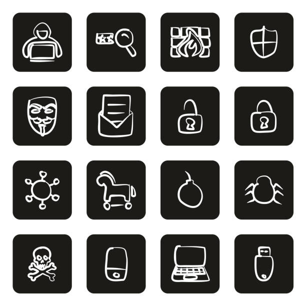 Hacker Icons Freehand White On Black This image is a vector illustration and can be scaled to any size without loss of resolution. vendetta stock illustrations