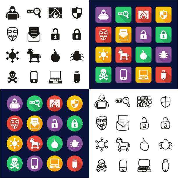 Hacker Icons All in One Icons Black & White Color Flat Design Freehand Set This image is a vector illustration and can be scaled to any size without loss of resolution. vendetta stock illustrations