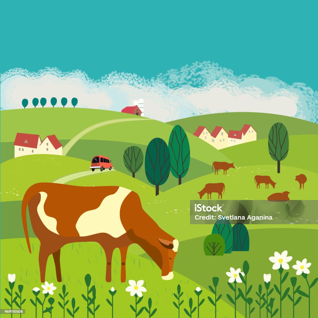 Cow on meadow Nature outdoor valley landscape. Colorful cartoon. Farming herd of brown cows on meadow. Rural community scene view. Domestic cattle mammal on green grass hill, field. Vector countryside background Flower stock illustration