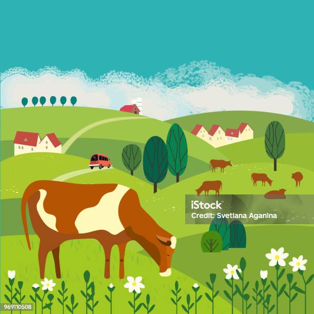Cow On Meadow Stock Illustration - Download Image Now - Flower, House, Landscape - Scenery