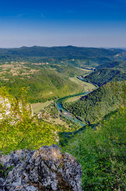 view on kolpa river from kozice mount, bela krajina, slovenia. - river kolpa imagens e fotografias de stock