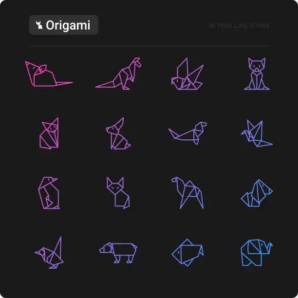 Vector illustration of Origami thin line icons set: penguin, camel, fox, bear, sparrow, fish, mouse, bird, elephant, kangaroo, hare, seal, raccoon. Modern vector illustration for workshop. Black theme.