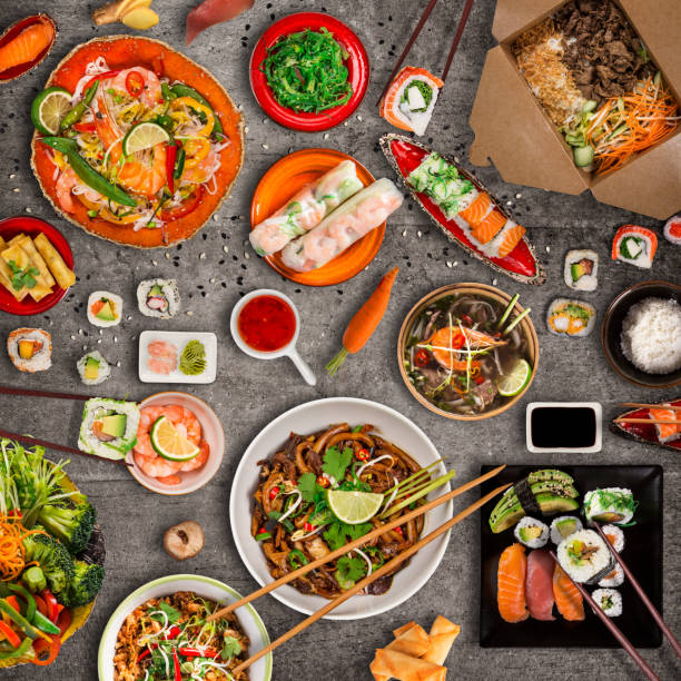 various of asian meals on rustic background , top view , place for text - pepper chili pepper frame food imagens e fotografias de stock