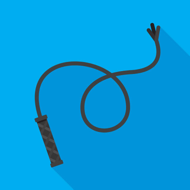 Whip Icon Flat 2 Vector illustration of a black whip against a blue background in flat style. whipped food stock illustrations