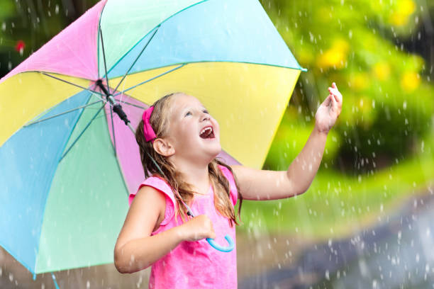 istock Kid with umbrella playing in summer rain. 969118246