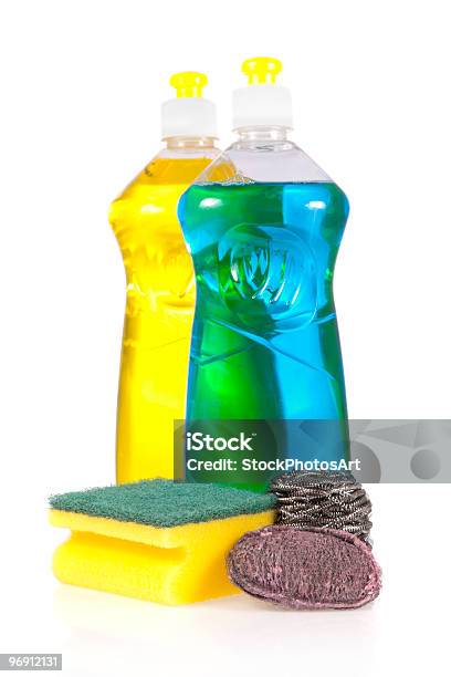 Liquid Detergent Bottles With Scouring Pads Stock Photo - Download Image Now - Blue, Bottle, Cleaning Sponge