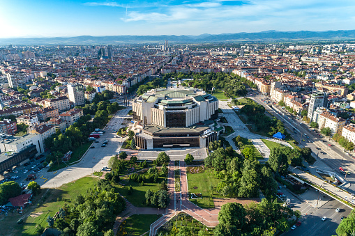 Springtime aerial drone shot of national palace of culture in Sofia city downtown district. The picture was taken near sunset with DJI Phantom 4 Pro drone / quadcopter.
