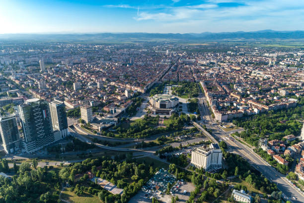 istock Wide shot of Sofia city downtown district during springtime aerial view 969123070