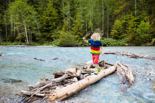 istock Child hiking in mountains. Kids at river shore. 969123812
