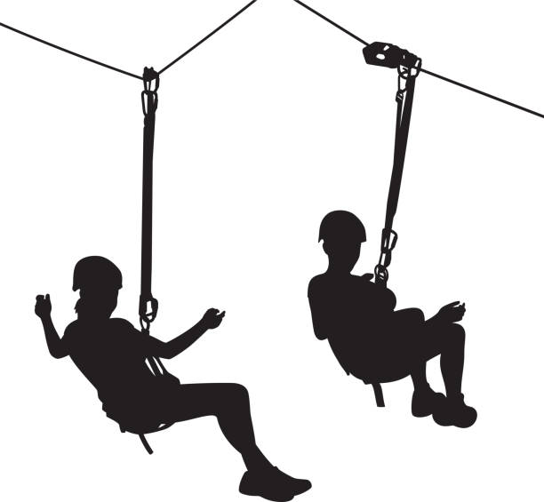 ilustraciones, imágenes clip art, dibujos animados e iconos de stock de zip line niña siluetas - swing child silhouette swinging