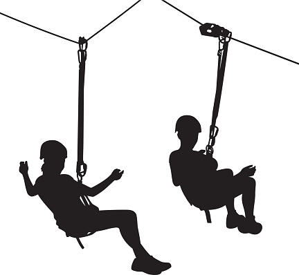 Vector silhouettes of a girl riding on a zip line.