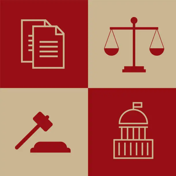 Vector illustration of Set of black and white law and justice icons. Lawyer flat vector illustration