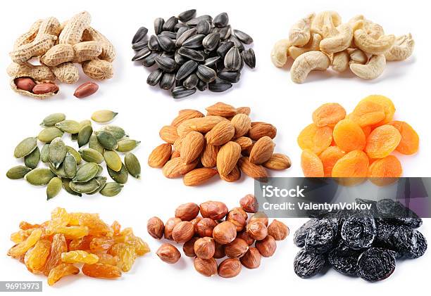Groups Various Kinds Of Dried Fruits Stock Photo - Download Image Now - Agriculture, Almond, Apricot