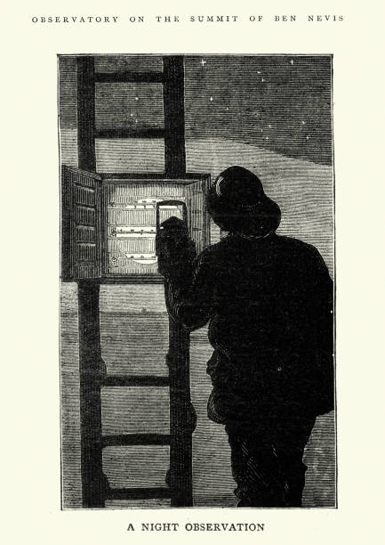 Meteorologist at Ben Nevis meteorological Observatory, Scotland 1884 Vintage engraving of a Meteorologist taking readings from the weather station at the Ben Nevis meteorological Observatory, Scotland 1884 ben nevis stock illustrations