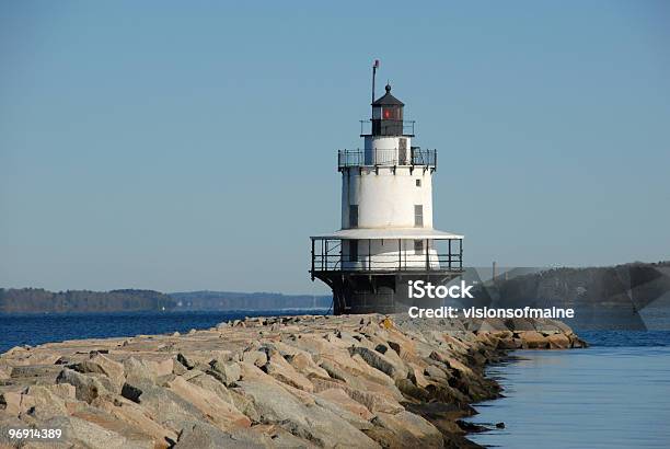 New England Lighthouse Flashes A Red Signal Stock Photo - Download Image Now - Beacon, Building Exterior, Building Feature
