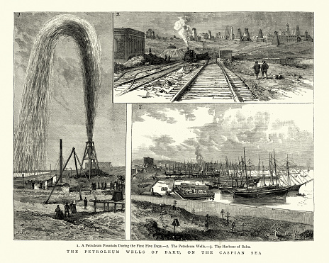Vintage engraving of Petroleum wells of Baku, Azerbaijan, 19th Century.  Oil well fountin, Harbour of Baku. 1884