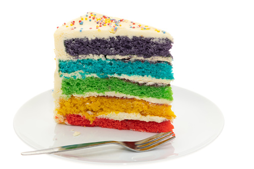 Slice of Rainbow sponge cake - white background