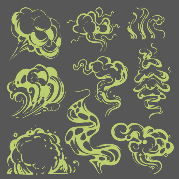 ilustrações de stock, clip art, desenhos animados e ícones de cartoon bad smell stench green clouds vector set isolated - toxic substance smoke abstract green