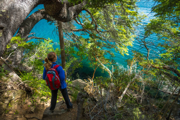 excursionista se encuentra en la costa de un lago - argentina bariloche people hiking fotografías e imágenes de stock