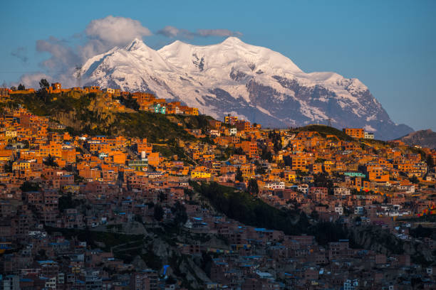 City of La Paz City of La Paz and mountain of Illimani during sunset, Bolivia bolivian andes photos stock pictures, royalty-free photos & images