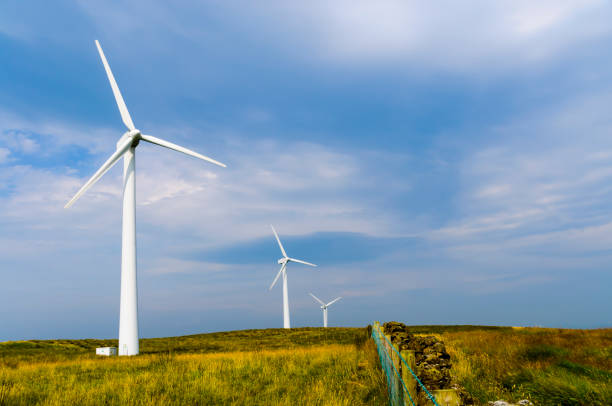 Silhouetted wind turbine at a rural windfarm.