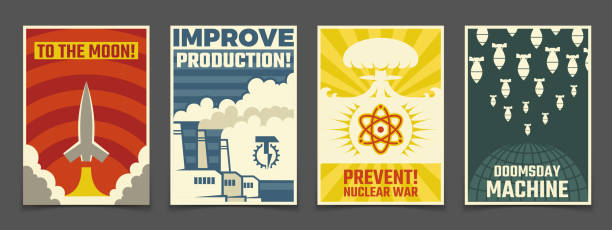 Atomic war military, peaceful space cartoon ussr and industrial propaganda vector vintage posters. Illustration of launch rocket to moon, military war atomic