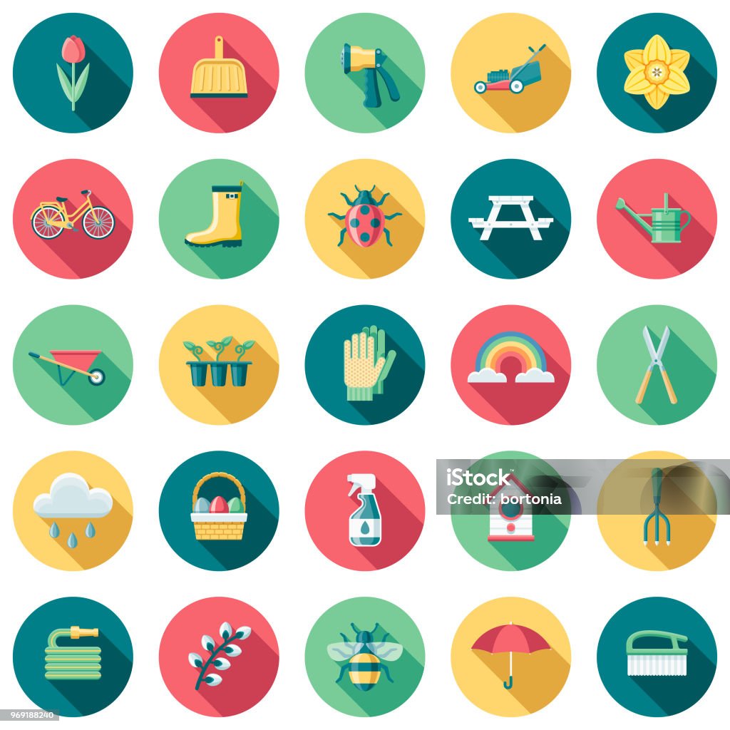 Spring Flat Design Icon Set with Side Shadow A set of flat design styled spring icons with a long side shadow. Color swatches are global so it’s easy to edit and change the colors. Icon Symbol stock vector