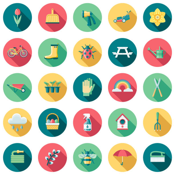 Spring Flat Design Icon Set with Side Shadow A set of flat design styled spring icons with a long side shadow. Color swatches are global so it’s easy to edit and change the colors. lawn mower clip art stock illustrations