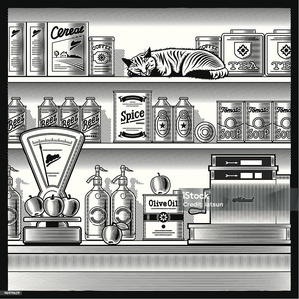 Retro Geschäft schwarz und weiß - Lizenzfrei Supermarkt Vektorgrafik