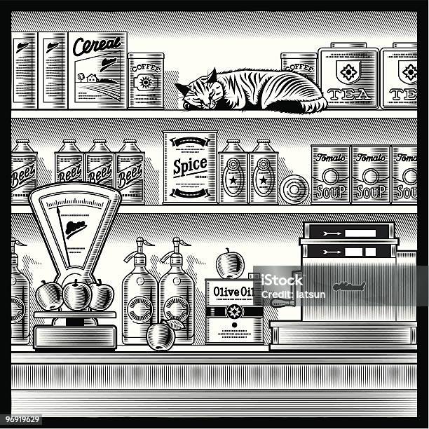 Retro Geschäft Schwarz Und Weiß Stock Vektor Art und mehr Bilder von Supermarkt - Supermarkt, Gravur, Altertümlich