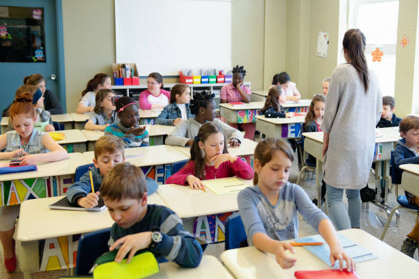 Happy elementary student communicating with her teacher during a class in the classroom.