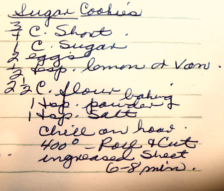 Hand written recipes from old home cook book  sugar cookies