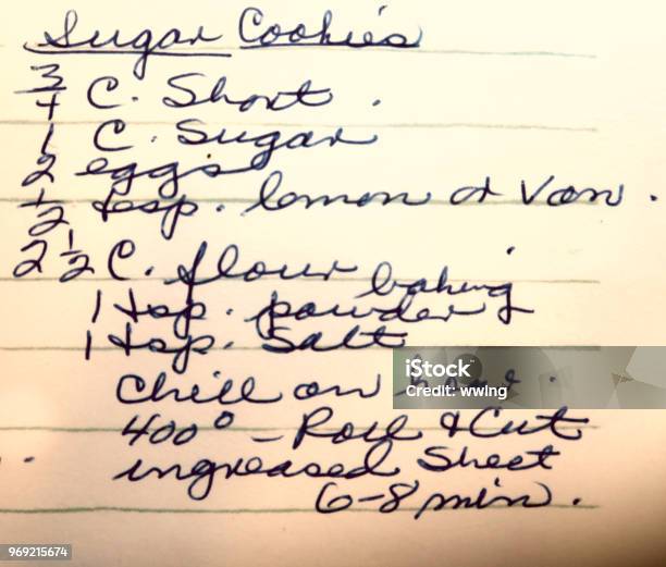 Hand Written Recipes From Old Home Cook Book Stock Photo - Download Image Now - Handwriting, Recipe, Food