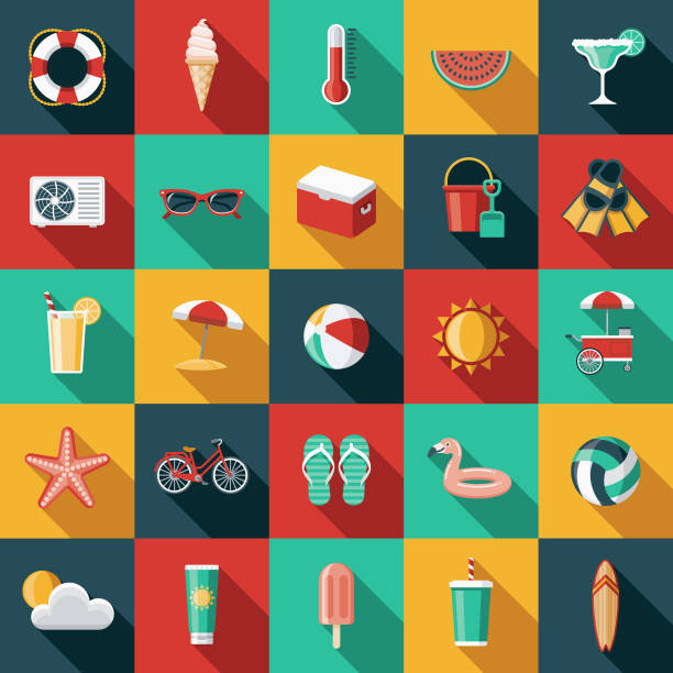 Summer Flat Design Icon Set with Side Shadow A set of flat design styled beach and summer icons with a long side shadow. Color swatches are global so it’s easy to edit and change the colors. sand pail and shovel stock illustrations
