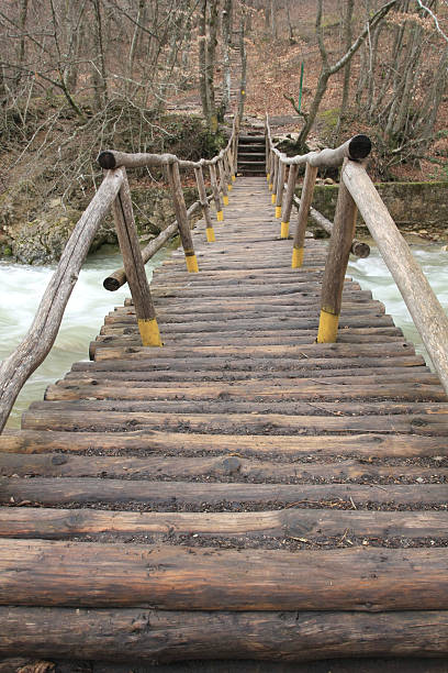 istock wooden bridge over mountain river 96922528